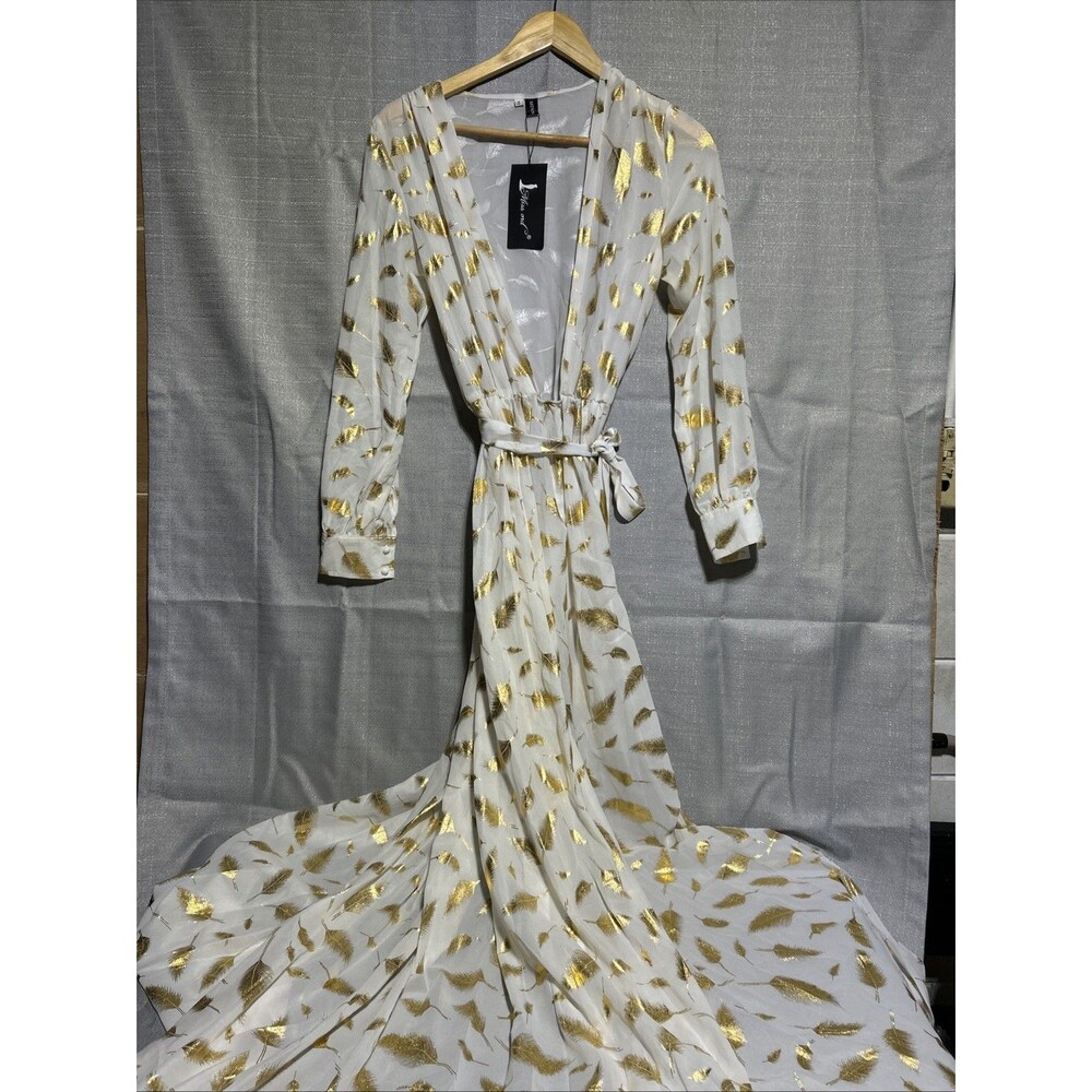 MISS ORD White Maxi Dress Gold Leaves Full Side Slit V-neck Belt Sheer Small NWT